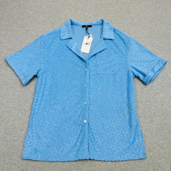 7 For All Mankind Top WMNS M Baby Blue Textured Terry Cloth Button Up Loungewear - Picture 1 of 7